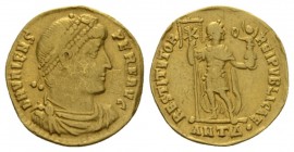 Valens, 364-378 Solidus circa 364-367, AV 20mm., 3.88g. Diademed, draped and cuirassed bust r. Rev. Emperor standing facing, head r, holding labarum a...