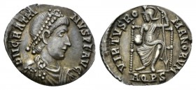 Gratian, 367-383 Siliqua circa 375-378, AR 18.5mm., 1.57g. Pearl-diademed, draped, and cuirassed bust r. Rev. Roma seated facing, head l., holding glo...