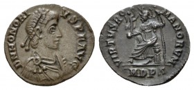 Honorius, 393-423 Siliqua Mediolanum circa 395-402, AR 17.5mm., 1.54g. Pearl diademed, draped and cuirassed bust r. Rev. Roma seated l., holding globe...