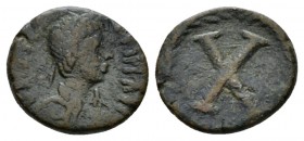 Justinian I, 527-565 Decanummium Uncertain (Italy or Sicily?) circa 527-565, Æ 16.5mm., 2.91g. Diademed, draped, and cuirassed bust r. Rev. Large X wi...