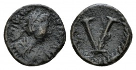 Justinian I, 527-565 Pentanummus Rome circa 527-565, Æ 13mm., 1.63g. Diademed and draped bust r. Rev. Large V within laurel wreath. D.O. 327. Sear 309...