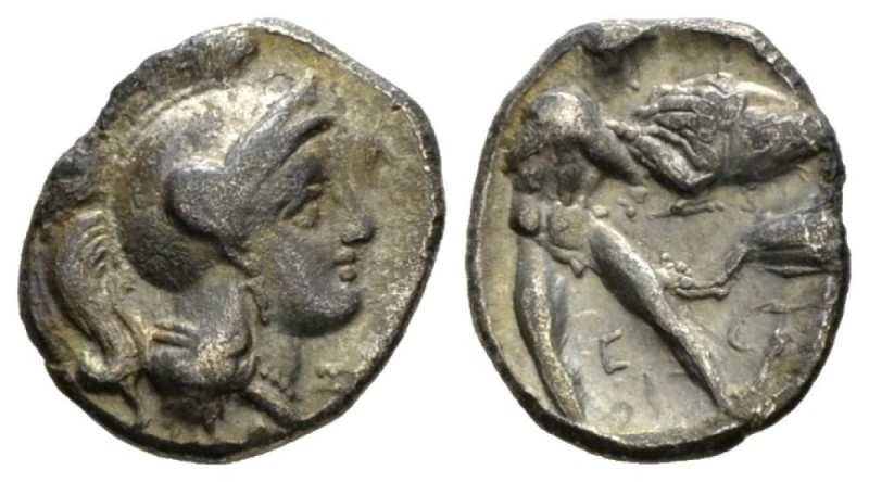 Calabria, Tarentum Diobol circa 325-280, AR 11mm., 1.10g. Head of Athena r., wea...