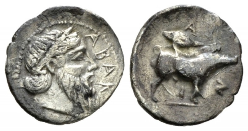 Sicily, Abacanum Litra circa 440-435, AR 11mm., 0.78g. Laureate and bearded head...