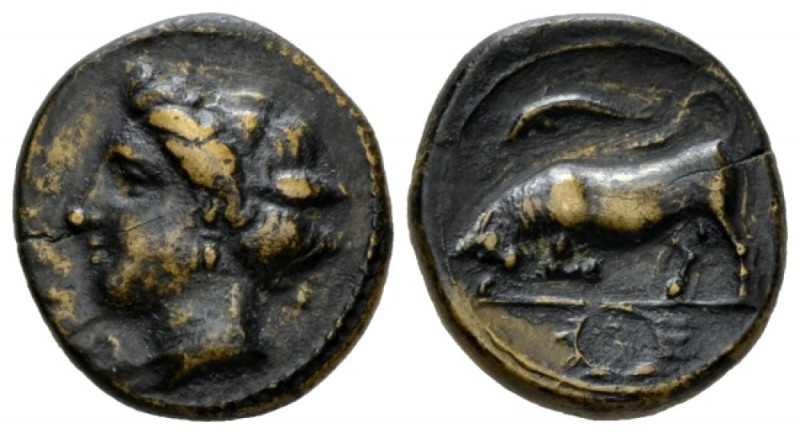 Sicily, Syracuse Bronze 317-289, Æ 15mm., 3.31g. ΣYPAKOΣIΩN Head of Persephone l...