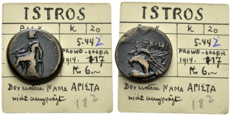 Moesia, Istros Bronze Ist cent., Æ 17mm., 5.45g. Apollo seated l. on omphalos, h...