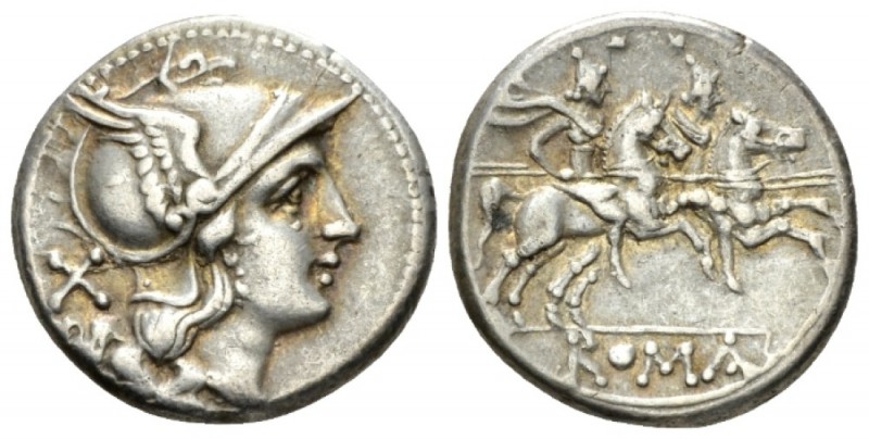 Denarius circa 214-213, AR 19mm., 4.07g. Helmeted head of Roma r.; behind, X. Re...