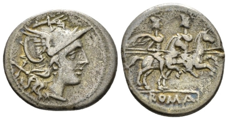 Denarius after 211, AR 19mm., 3.36g. Helmeted head of Roma r.; behind, X. Rev. T...