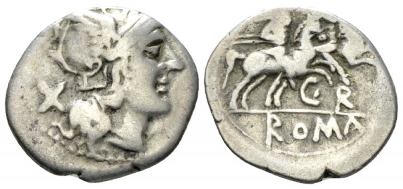 GR series. Denarius uncertain mint circa 199-170, AR 19.5mm., 3.66g. Helmeted he...