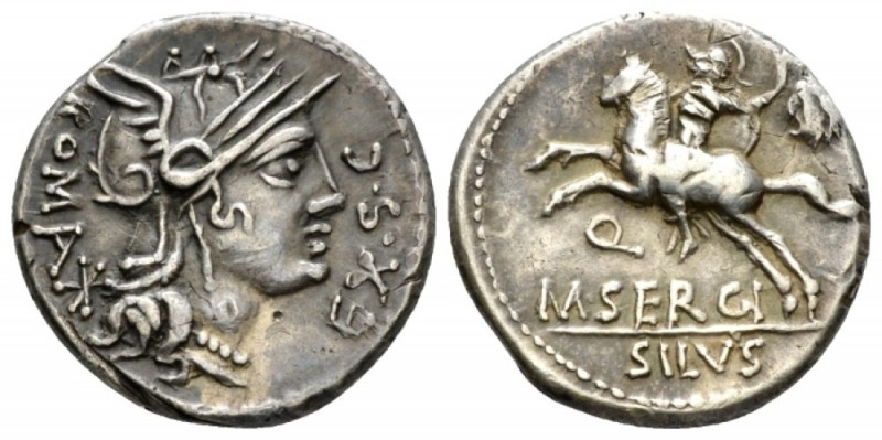 M. Sergius Silus. Denarius circa 116 or 115, AR 18.5mm., 3.85g. Helmeted head of...