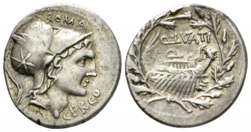 Q. Lutatio Cerco. Denarius circa 109 or 108, AR 18.5mm., 3.91g. Head of Roma r.,...