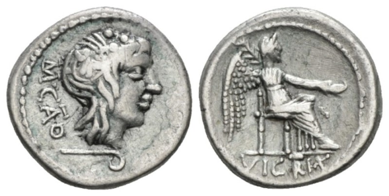 M. Cato. Quinarius circa 89, AR 14mm., 2.20g. M·CATO Ivy-wreathed head of Liber ...