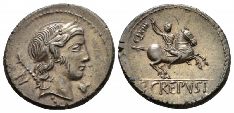 P. Crepusius. Denarius circa 82, AR 18.5mm., 3.67g. Laureate head of Apollo r., ...