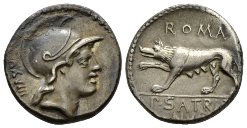 P. Satrienus. Denarius circa 77, AR 17.5mm., 3.88g. Helmeted head of Roma r.; be...