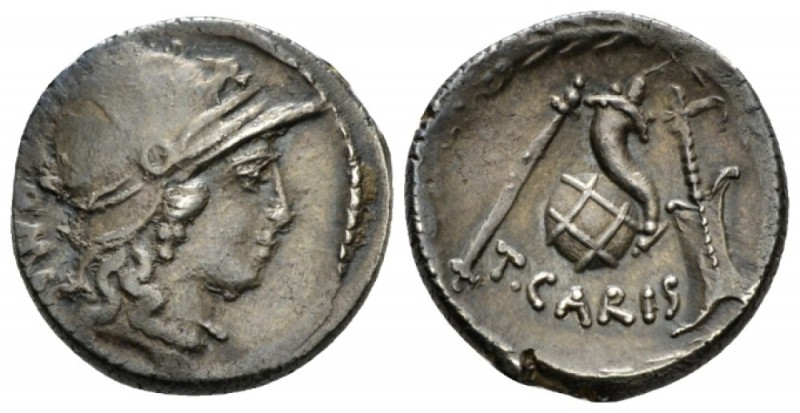 T. Carisius. Denarius circa 46, AR 17.5mm., 3.51g. Head of Roma r., wearing Atti...