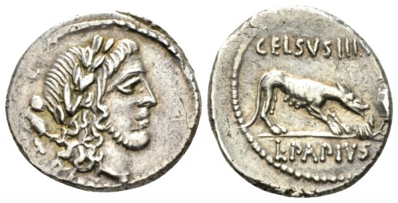 L. Papius Celsus. Denarius circa 45, AR 18.5mm., 3.96g. Laureate head of Triumph...