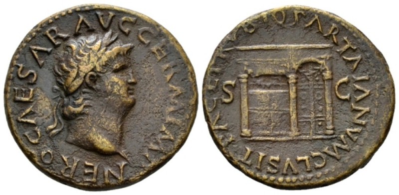 Nero, 54-68 As circa, Æ 27.5mm., 10.77g. Laureate head r. Rev. Temple of Janus w...