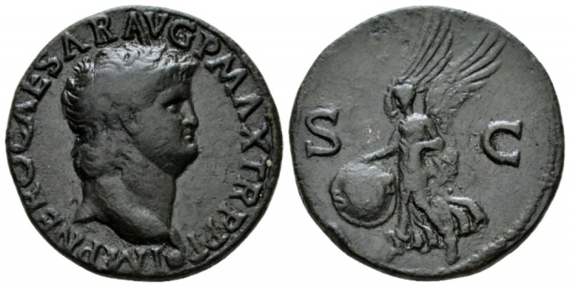 Nero, 54-68 As Lugdunum circa 66, Æ 28mm., 10.82g. Bare head r., globe at point ...