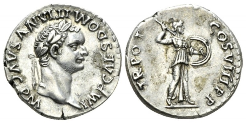 Domitian, 81-96 Denarius circa 82, AR 18mm., 3.56g. Laureate head r. Rev. Minerv...