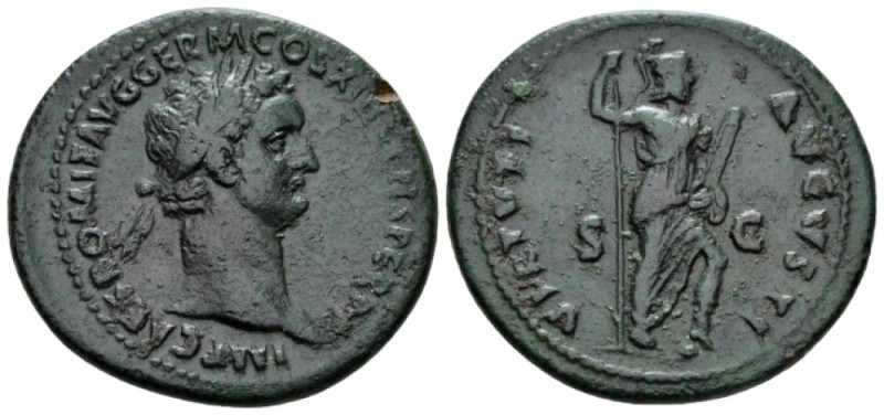 Domitian, 81-96 As 87, Æ 29.5mm., 10.91g. Laureate head r. Rev. Virtus standing ...