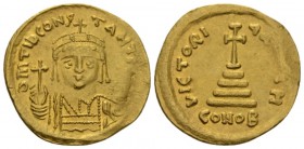 Maurice Tiberius, 582-602 Solidus Antioch circa 582-602, AV 21.5mm., 4.46g. Helmeted, draped, and cuirassed bust facing, holding globus cruciger. Rev....