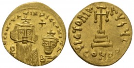 Constans II, 641-668. Solidus Constantinople circa 654-659, AV 20mm., 4.44g. Crowned busts of Constans and Constantine facing, both wearing chlamys; c...