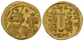 Constans II, 641-668. Solidus Constantinople circa 659-661, AV 20mm., 4.37g. Crowned and draped facing busts of Constans, with tall plume, and Constan...