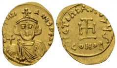 Justinian II, First Reign, 685-695 Tremissis Constantinople circa 685-695, AV 15mm., 1.38g. D. IΥSΤINIANYS PЄ. AV., bust facing, with short beard, wea...