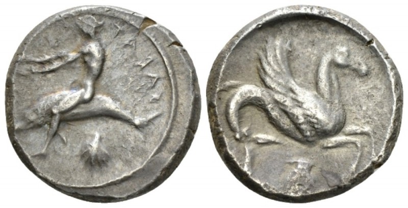 Calabria, Tarentum Nomos circa 465-455, AR 20.5mm., 8.08g. Oecist riding dolphin...