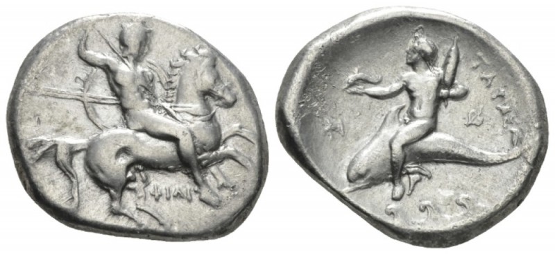 Calabria, Tarentum Nomos circa 290-281, AR 22mm., 7.74g. Nude warrior, holding t...