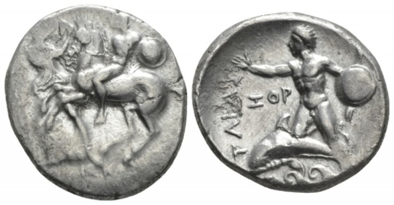 Calabria, Tarentum Nomos circa 281-270, AR 22mm., 7.56g. Helmeted horseman with ...