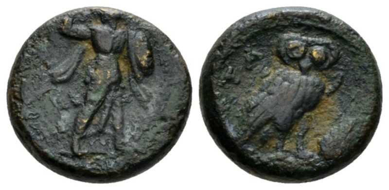 Lucania, Metapontum Bronze circa 250-200,, Æ 13mm., 3.22g. Athena advancing r. R...