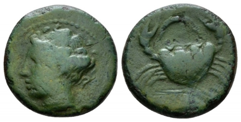 Bruttium, Terina Bronze circa 350-275, Æ 15mm., 3.53g. Female head l. Rev. Crab;...