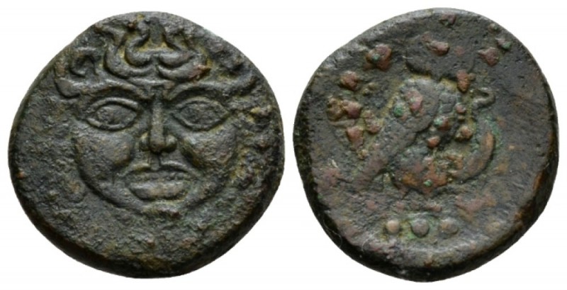 Sicily, Camarina Tetras circa 420-405, Æ 16mm., 3.62g. Gorgoneion facing. Rev. O...