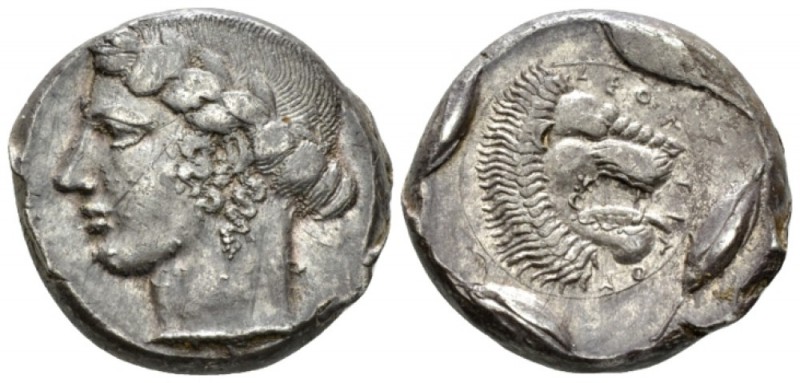 Sicily, Leontini Tetradrachm 440-430, AR 25mm., 17.41g. Laureate head of Apollo ...