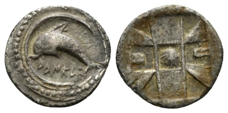 Sicily, Messana as Zankle Litra circa 500-493, AR 11mm., 0.68g. Dolphin swimming...