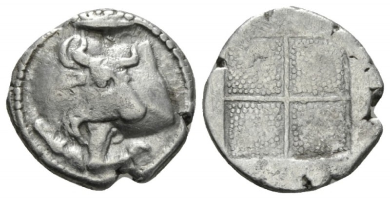 Macedonia, Acanthus Tetrobol circa 470-390, AR 14mm., 2.34g. Forepart of bull l....