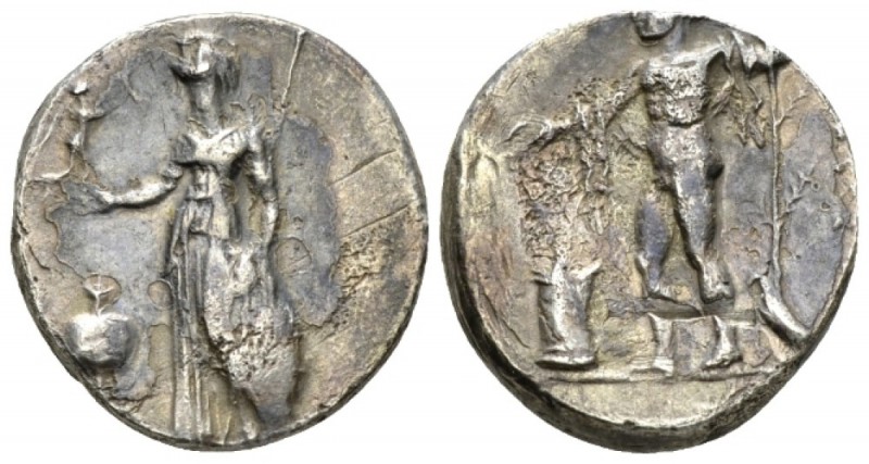 Pisidia, Side Stater circa 375-333, AR 20mm., 10.18g. Athena standing l., holdin...