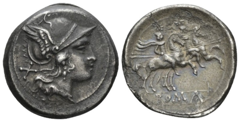 Denarius after 211, AR 20.5mm., 4.20g. Helmeted head of Roma r.; behind, X. Rev....