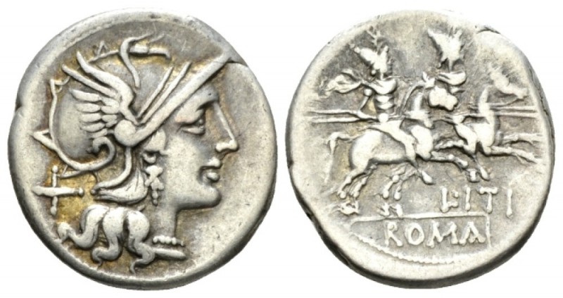 L. Iteius. Denarius circa 149, AR 18.5mm., 3.78g. Helmeted head of Roma r.; behi...