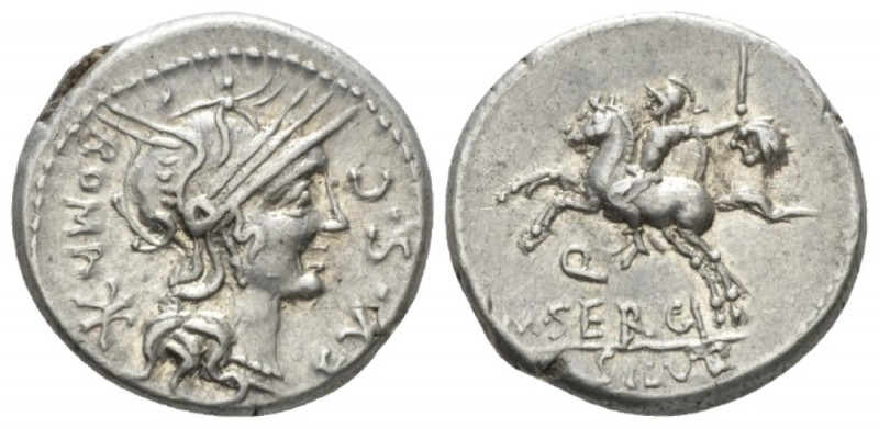 M. Sergius Silus. Denarius 116 or 115, AR 18mm., 3.92g. Helmeted head of Roma r....