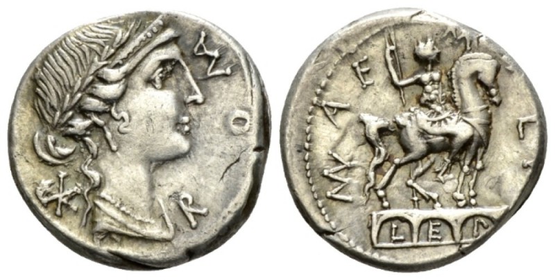 Man. Aemilius Lepidus. Denarius 114 or 113,, AR 18mm., 3.91g. ROMA Laureate, dia...