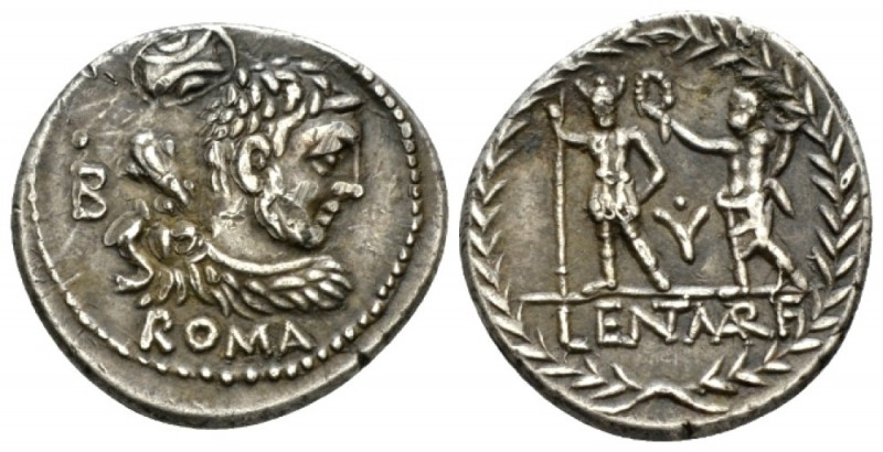 Pub. Lentulus Marceli f. Denarius circa 100, AR 20.5mm., 3.22g. Bust of Hercules...