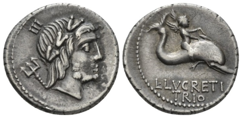 L. Lucretius Trio. Denarius circa 76, AR 19mm., 3.98g. Laureate head of Neptune ...