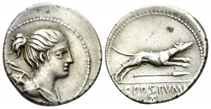 C. Postumius At or Ta Denarius circa 74, AR 19mm., 3.82g. Draped bust of Diana r...