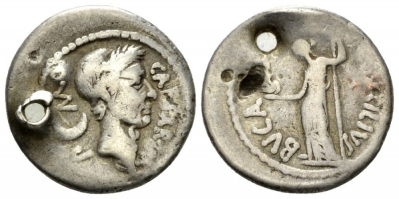 C. Julius Caesar and L. Aemilius Buc Denarius circa 44, AR 19mm., 3.73g. Wreathe...