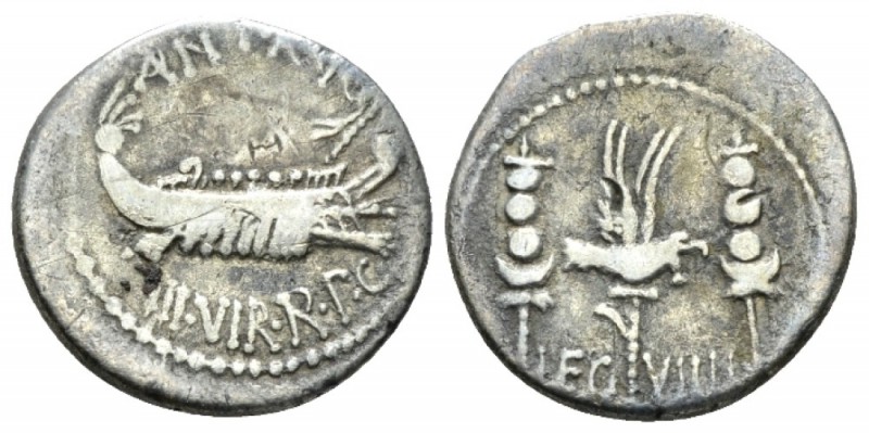 Denarius mint moving with M. Antony 32-31, AR 18mm., 3.63g. ANT AVG – III·VIR·R·...