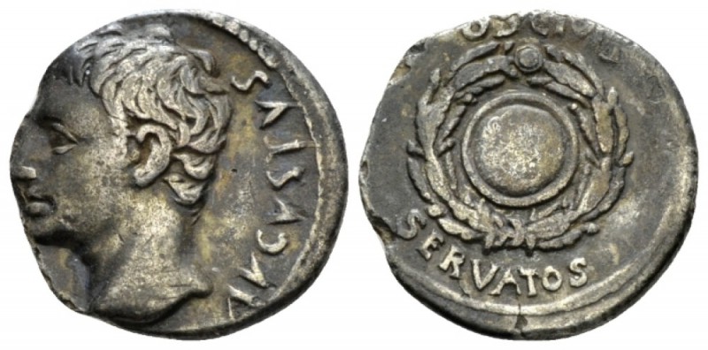 Octavian as Augustus, 27 BC – 14 AD Denarius Colonia Patricia circa 19, AR 18mm....