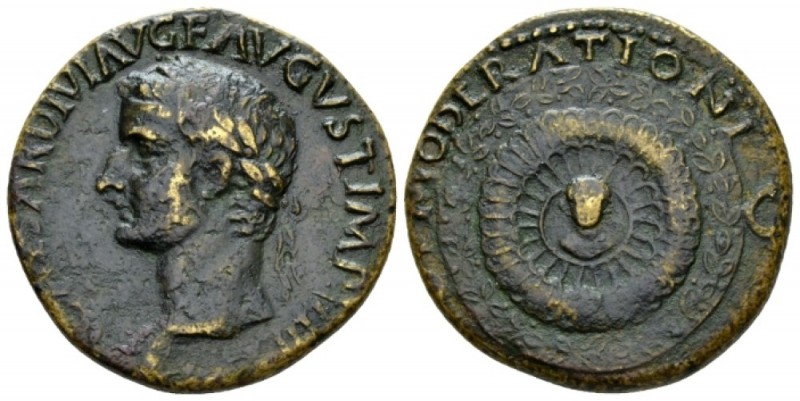 Tiberius, 14-37 Dupondius circa 16-22, Æ 27.5mm., 11.96g. Laureate head l. Rev. ...