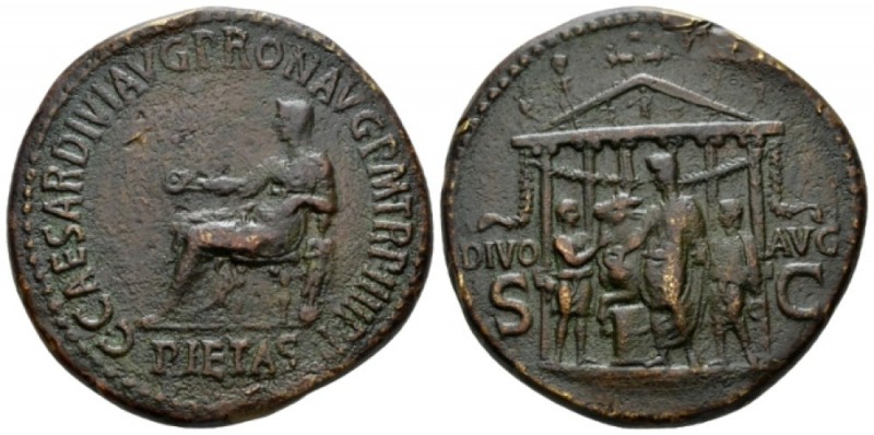 Gaius, 37-41 Sestertius circa 40-41, Æ 35mm., 26.92g. Pietas, veiled and draped,...