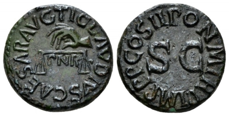 Claudius, 41-54 Quadrans circa 42, Æ 15.5mm., 3.11g. Hand l., holding scales; be...